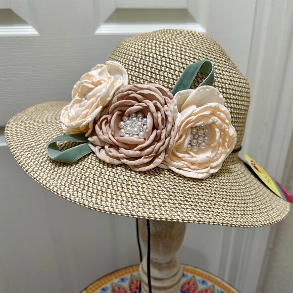 Elegant Women's Tweed Sun Hat With Satin Flowers And Pearls Special Event (NEW) - Picture 10 of 14